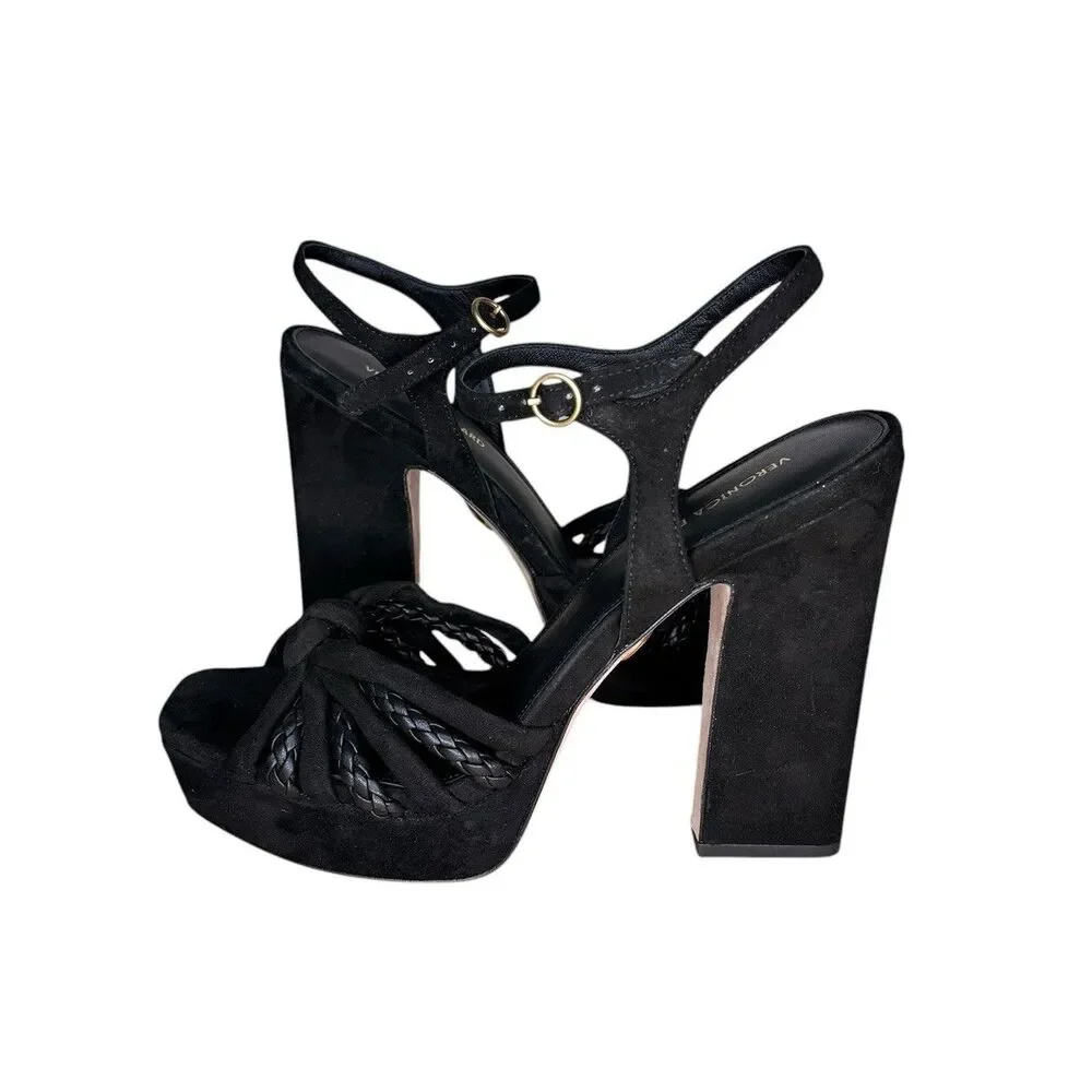 Veronica Beard Platform Sandals Size 7.5 Flavia Black Leather Suede Ankle Straps